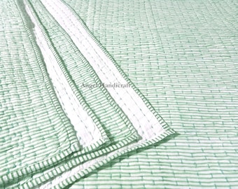 Light Green Stripe Print Kantha Quilt, Indian Reversible Handmade Quilt, Soft Cotton Quilted Quilt Hand Block Print Bedding Quilt AC Blanket