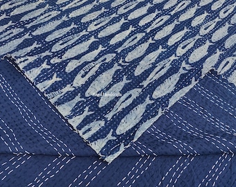 Indigo Blue Fish Block Print Cotton Kantha Quilt, Indian Handmade Bedspread, Reversible Sofa Quilt