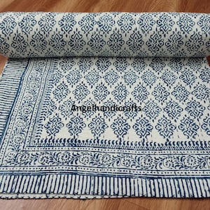 Indian Hand Block Print Kantha Quilt Cotton Kantha Throw Hand Stitch Bedcover Handmade Bedspread Reversible Bedding Coverlet Modern Blanket