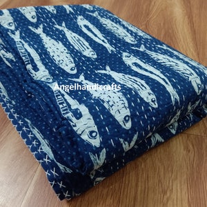 Indigo Fisch Hand Block Print Kantha Überwurf, Twin Queen Boho Baumwolle Tagesdecke / Sofa Quilt