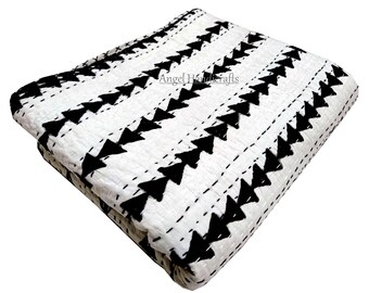 Black Triangle Block Print Cotton Kantha Throw, Reversible Handmade Bedspread/Sofa Coverlet