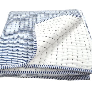 Reversible Blue Striped Block Print Cotton Kantha Quilt, Handmade Organic Muslin Blanket