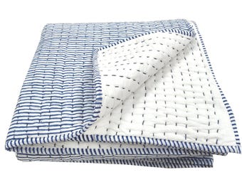 Reversible Blue Striped Block Print Cotton Kantha Quilt, Handmade Organic Muslin Blanket