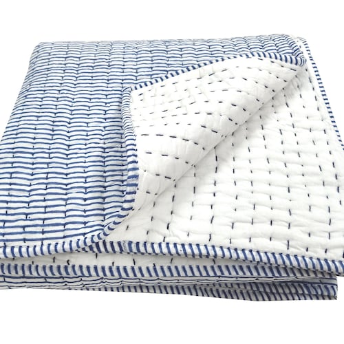 Reversible Blue Striped Block Print Cotton Kantha Quilt, Handmade Organic Muslin Blanket