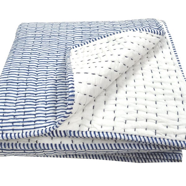 Reversible Blue Striped Block Printed Cotton Kantha Quilt, Handmade Organic Soft Muslin Blanket