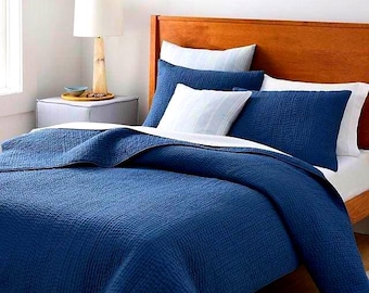 Indigo Blue Cotton Kantha Quilt, Reversible Handmade Blanket, Sofa Coverlet, Indian Bedding