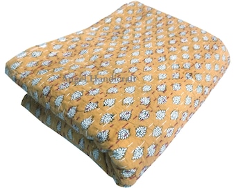 Indian Block Print Kantha Quilt All Size, Mustard Yellow Cotton Bedspread, Handmade Summer Blanket, Soft Boho Sofa Throw