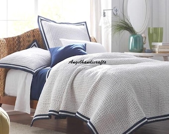 Trapunta Kantha reversibile in cotone bianco tinta unita, coperta fatta a mano, copriletto indiano cucito a mano per divano