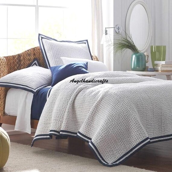 Reversible Solid White Cotton Kantha Quilt, Handmade Blanket, Indian  Hand Stitch Sofa Coverlet