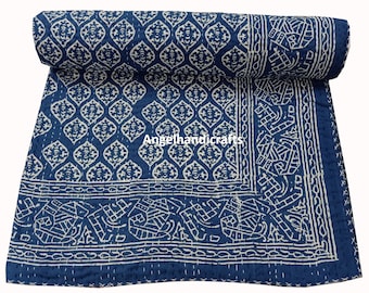 Blue Indigo Bedspread Indian Hand Block Kantha Quilt Cotton Throw King Size Bedding Bedcover AC Comforter Reversible Blanket Winter Quilt
