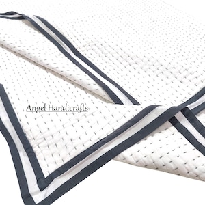 Solid White Cotton Kantha Quilt, Soft Cotton Quilted AC Blanket, Indian Reversible Handmade Bedding Quilt, Hand Stitch Sofa/Bed Decor Quilt