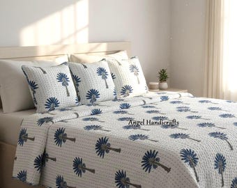 Blue Palm Tree Block Print Cotton Kantha Quilt - Indian Boho Reversible Bedding Handmade Blanket