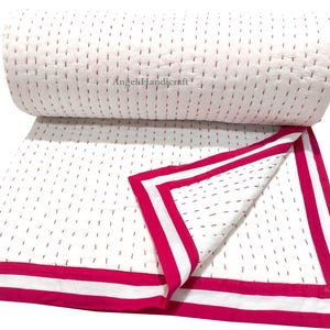 Solid White Cotton Kantha Quilt, Indian Handmade Reversible Soft Muslin Blanket/Sofa Quilt Pink
