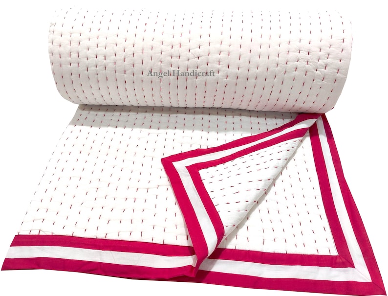 Solid White Cotton Kantha Quilt, Indian Handmade Reversible Soft Muslin Blanket/Sofa Quilt Pink