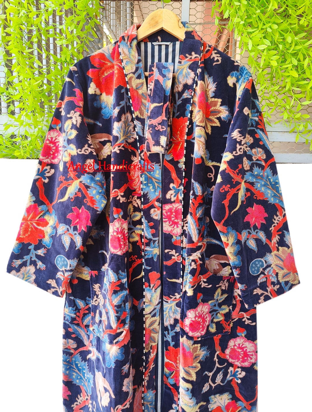 Reversible Robe Blue Cotton Floral Velvet Robe ,women Soft & Comfy Kimono, Plus Size ...