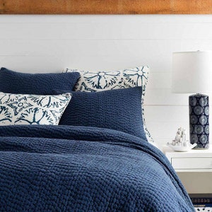 Solid Indigo Blue Cotton Kantha Quilt, Hand Dyed Kantha Baby Quilt, Indian Reversible Kantha AC Blanket, Queen Size Hand Stitched Sofa Quilt
