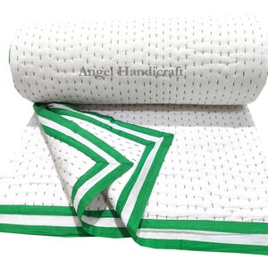 Solid White Cotton Kantha Quilt, Indian Handmade Reversible Soft Muslin Blanket/Sofa Quilt Green