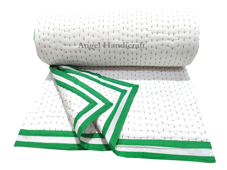 Solid White Cotton Kantha Quilt, Indian Handmade Reversible Soft Muslin Blanket/Sofa Quilt Green