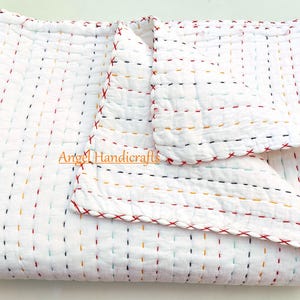 Indian Solid White Quilt, Reversible Cotton Quilt, Bed/Sofa Kantha Quilt, Rainbow Thread Hand Stitch Quilt, Soft Cotton Quilted AC Blanket