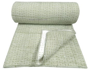 Henna Green Striped Block Print Cotton Kantha Quilt, Indian Handmade Bedding Reversible Blanket