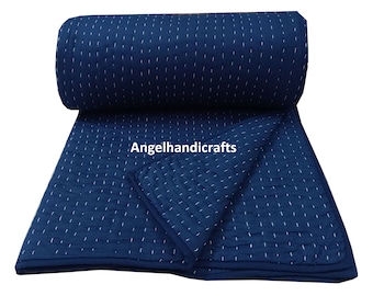 Indigo Blue Cotton Kantha Quilt, Hand Dyed Reversible Bedding/Sofa Cover/Handmade Blanket