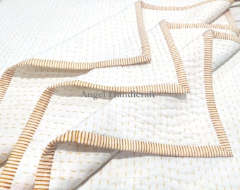 Trapunta Kantha in cotone bianco tinta unita, coperta reversibile indiana fatta a mano, decorazione per divano/letto