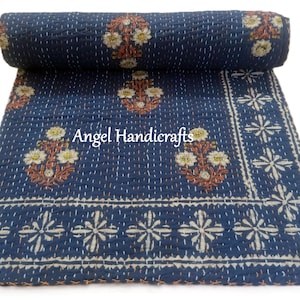 Wunderschöne indigoblaue Kantha Tagesdecke mit Blumenmuster, Patchworkdecke, 100% Baumwolle