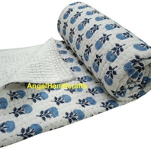 Couette kantha en coton imprimé floral à la main, couverture faite main, réversible king size, couette moderne pour bébé, couvre-lit au point de main, cadeau de Noël