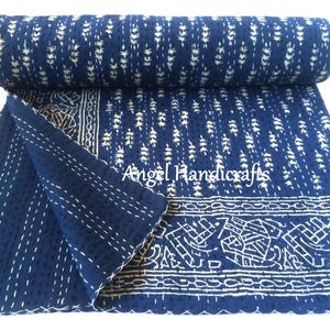 Indische Baumwolle Kantha Indigo Indigo Blau Quilt, Kantha Tagesdecke Bettwäsche Werfen, Handgemachte Queen-Size Bettdecke, Hand Stich Indigo Sofa Dekor Werfen