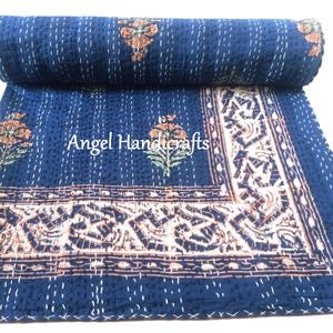 Indigo Blumendruck Kantha werfen, Handblockdruck Bettwäsche Kantha Quilt Queen-Size Baumwolle Kantha werfen indische handgefärbte Wendedecke