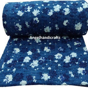 New Hand Block print Blue Kantha Quilt Handmade Cotton Blanket Indian Kantha Muslin Blanket Organic Cotton King Size Quilt Christmas Special