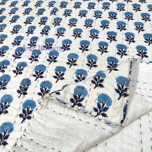 Blue Floral Hand Block Printed Kantha Quilt, 100% Cotton Quilted Kantha Quilt, Handmade Blanket, Reversible Bedding Quilt, Hand Stitch Quilt
