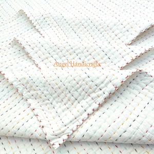 Hand Stitched White Cotton Kantha Quilt, Rainbow Thread, Soft Blanket