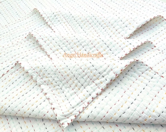Trapunta Kantha in cotone bianco cucita a mano, filo arcobaleno, coperta morbida