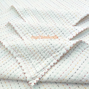 Indian Solid White Quilt, Reversible Cotton Quilt, Bed/Sofa Kantha Quilt, Rainbow Thread Hand Stitch Quilt, Soft Cotton Quilted AC Blanket
