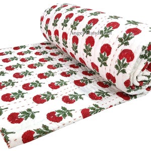 Luxury Red Flower Print Quilt, Block Print Indian Reversible Cotton Kantha Quilt, Hand Stitch Bedding Quilt, Soft AC Blanket, Sofa Bed/Throw