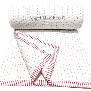 Vändbart indiskt handgjort bomulls-Kantha-täcke, boho handsömt sängkläder muslin-täcke