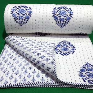 Blue Block Print Cotton Kantha Quilt, Indian Hand-Stitched Blanket, Boho Bedding Quilts, Anniversary Gift