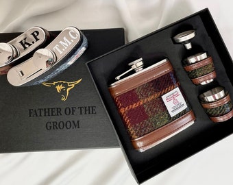 Tweed Tartan Hip Flask Gift Set | Personalised Groomsmen Gift