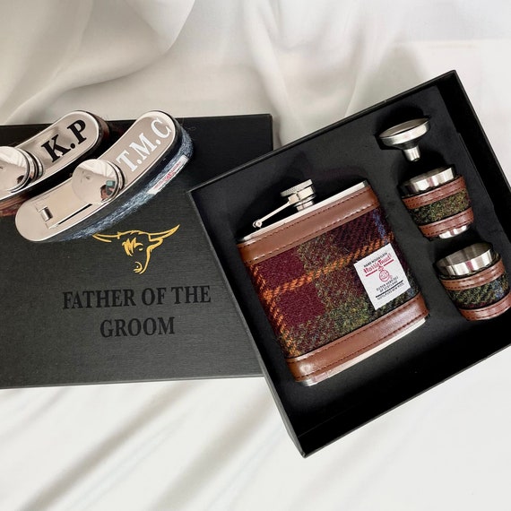 Tweed Tartan Hip Flask Gift Set | Personalised Groomsmen Gift