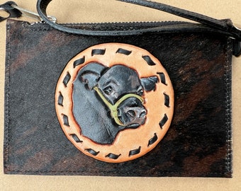 Plush Pony Leather Handmade Genuine Hair On Hide Cowhide Flat Leather Hand-Painted Tooled Angus Bull Wristlet