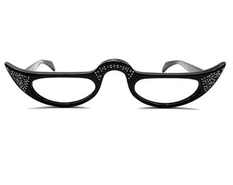 60s Black Cat Eye Eyeglass Frame | New Old Stock | Vintage Black Half Glasses Readers | 50s Pointy Black Reading Glasses with Rhinestones