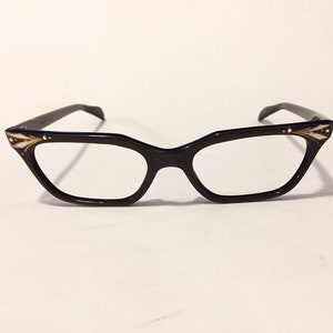 Unworn 60s Cat Eye Eyeglass Frames | Vintage Cateye Glasses Frames Rhinestones & Gold | Dark Cateye Eyeglasses | French Designer Sunglasses