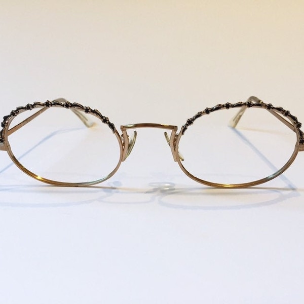 60s Womens Eyeglass Frames | New Old Stock | Floral Embellished Hippie Eyeglasses | Round Metal Wire Glasses | Shuron Gold Oval Eyeglasses