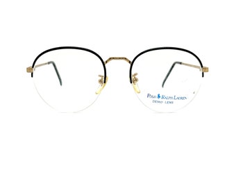 Unworn 90s Round Eyeglasses | New Old Stock | Ralph Lauren Polo Classic Deluxe VI | Back & Gold Eyeglass Frames | 80s Rimless Glasses Frames