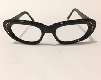 Vintage 50s Black Cat Eye Eyeglass Frames  | Unworn 50s Eyeglasses | New Old Stock Cat Eye Glasses Frames | Cateye Frames with Rhinestones
