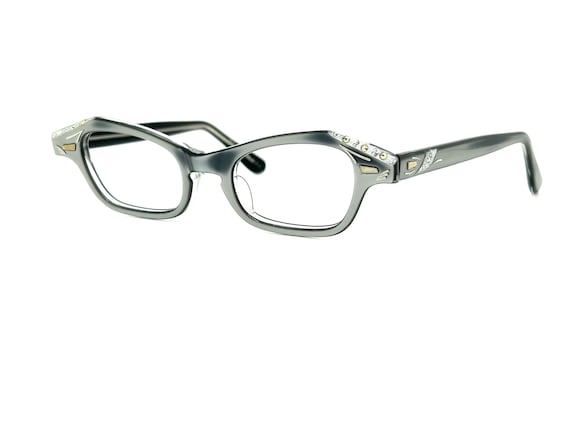 Unworn 50s Silver Rhinestones Cat Eye Glasses | N… - image 5