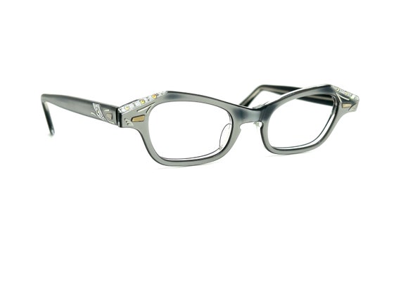 Unworn 50s Silver Rhinestones Cat Eye Glasses | N… - image 4