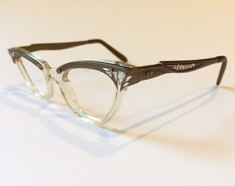Unused 1950s Eyeglass Frames | NOS | Vintage 60s Clear Copper Cateye Glasses | Cat Eye Etched Metal Glasses Frames | 60s Glitter Sunglasses