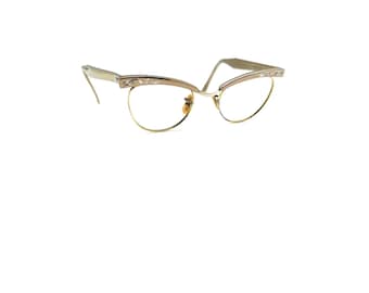 50s Cat Eye Glasses | Small Cat Eye Eyeglass Frames | 60s Etched Gold Metal Cat Eye Glasses | USA Made | Rose Gold Cat Eye Eyeglasses | EUC